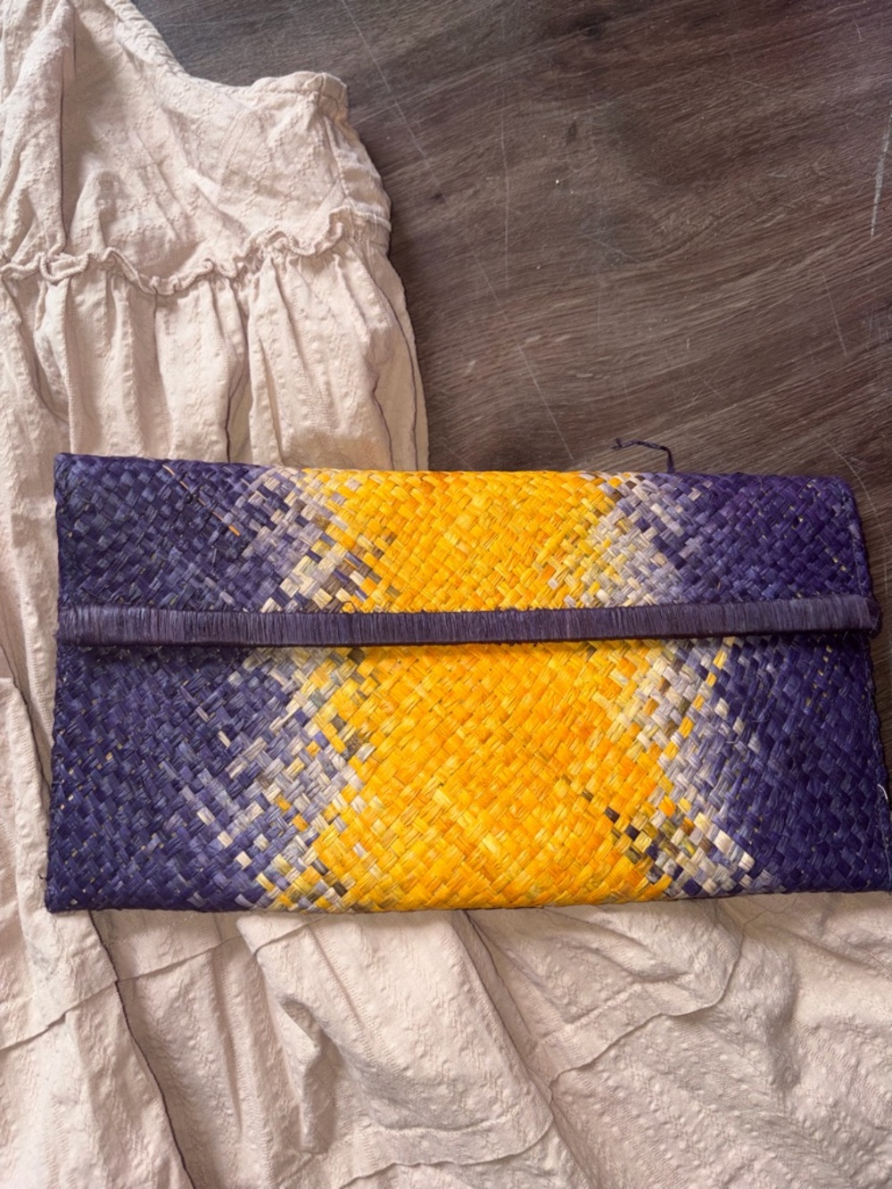 Handwoven Yellow and Purple Fold-Over Straw Clutch